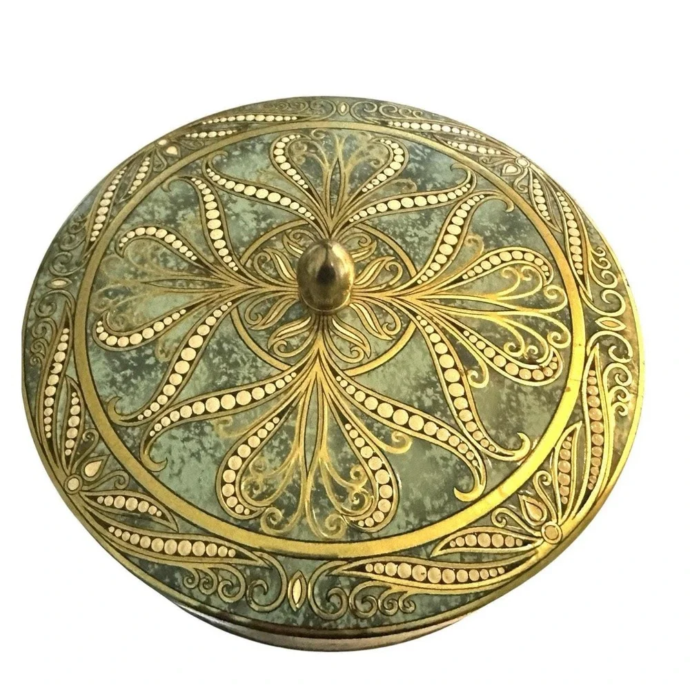 Vintage Daher Round Turquoise Gold White Mosaic Tin Brass Finial Made In England